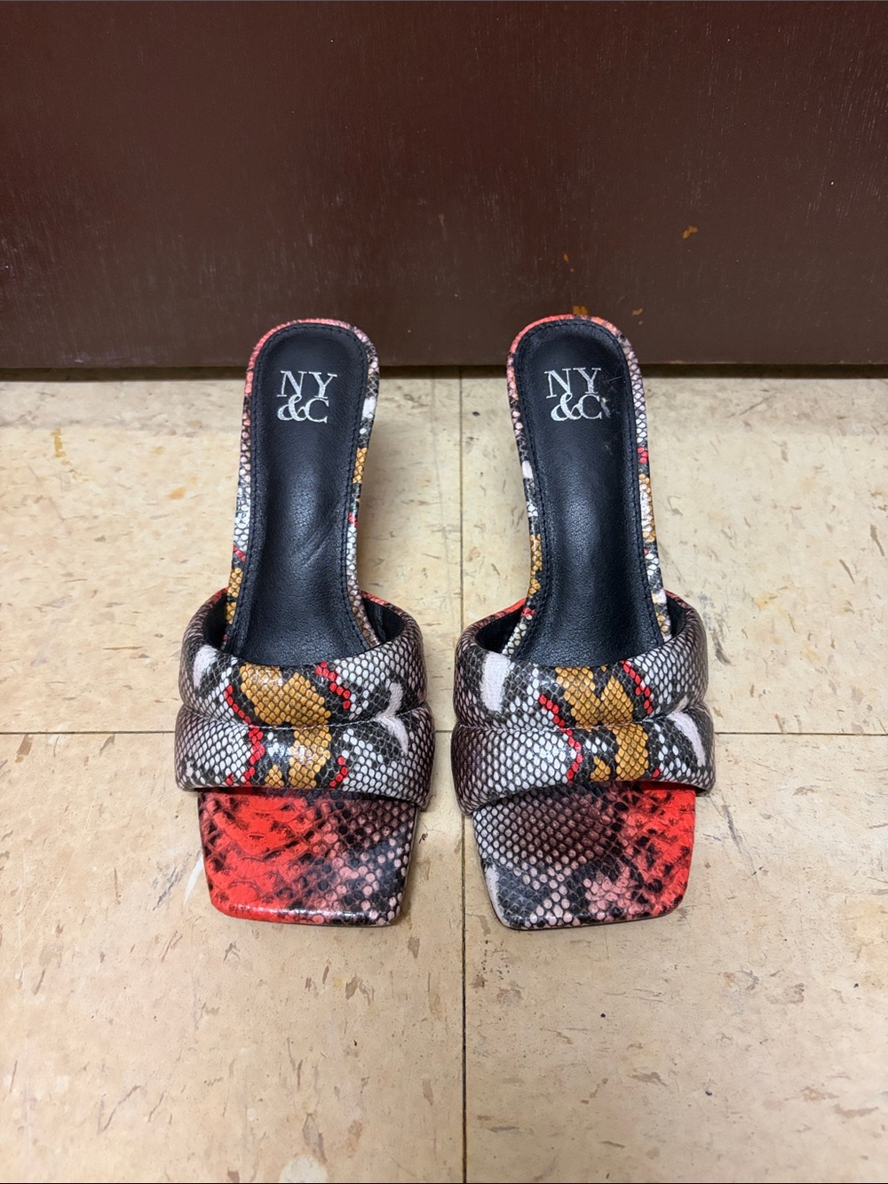 New York & Company Red and Yellow Snake-Print Slide Mules